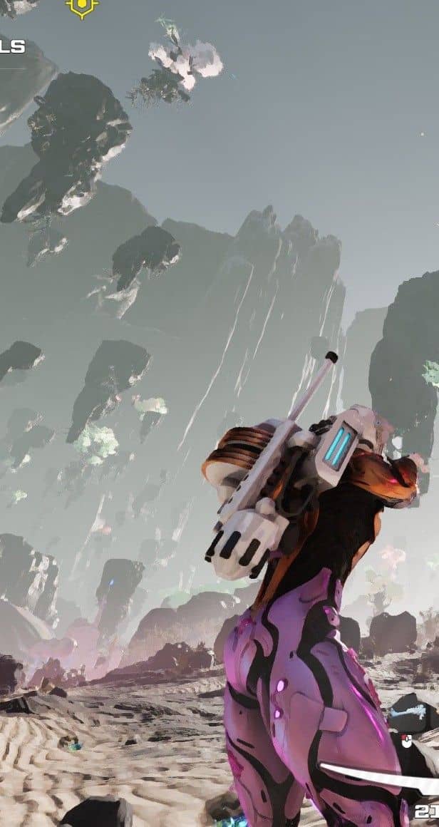 Two players closing a Void Tear in a real-time co-op ground mission